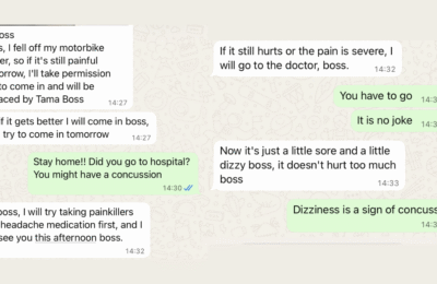 Man insists on coming to work after accident, boss asks him to go to hospital