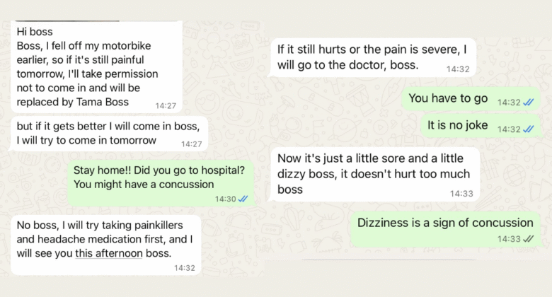 Man insists on coming to work after accident, boss asks him to go to hospital